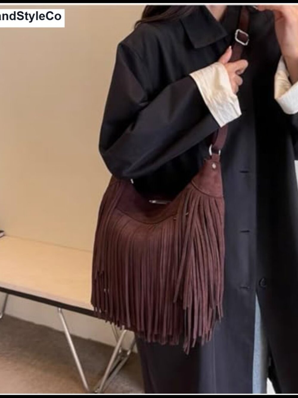 Vintage Vegan Suede Fringe Hobo Bag Tote Crossbody Shoulder Bag Western Purse - Picture 5 of 6